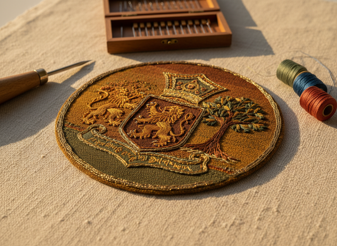 A close-up of a richly textured, earth-toned canvas patch with a finely embroidered crest, placed on top of a larger piece of natural linen fabric. The patch features layered stitching, satin fills, and delicate outlines that catch the light differently, emphasizing depth and craftsmanship. Surrounding the patch are carefully positioned tools: a wooden-handled awl, a small box of neatly ordered embroidery needles, and a few muted-color thread bobbins. Warm, golden-hour light from the side bathes the scene, casting soft, elongated shadows and bringing out the organic fibers in the textiles. Shot from a low, intimate angle with a shallow depth of field in photographic realism, the atmosphere feels artisanal, refined, and meaningful, highlighting embroidery as a way to express identity and heritage.