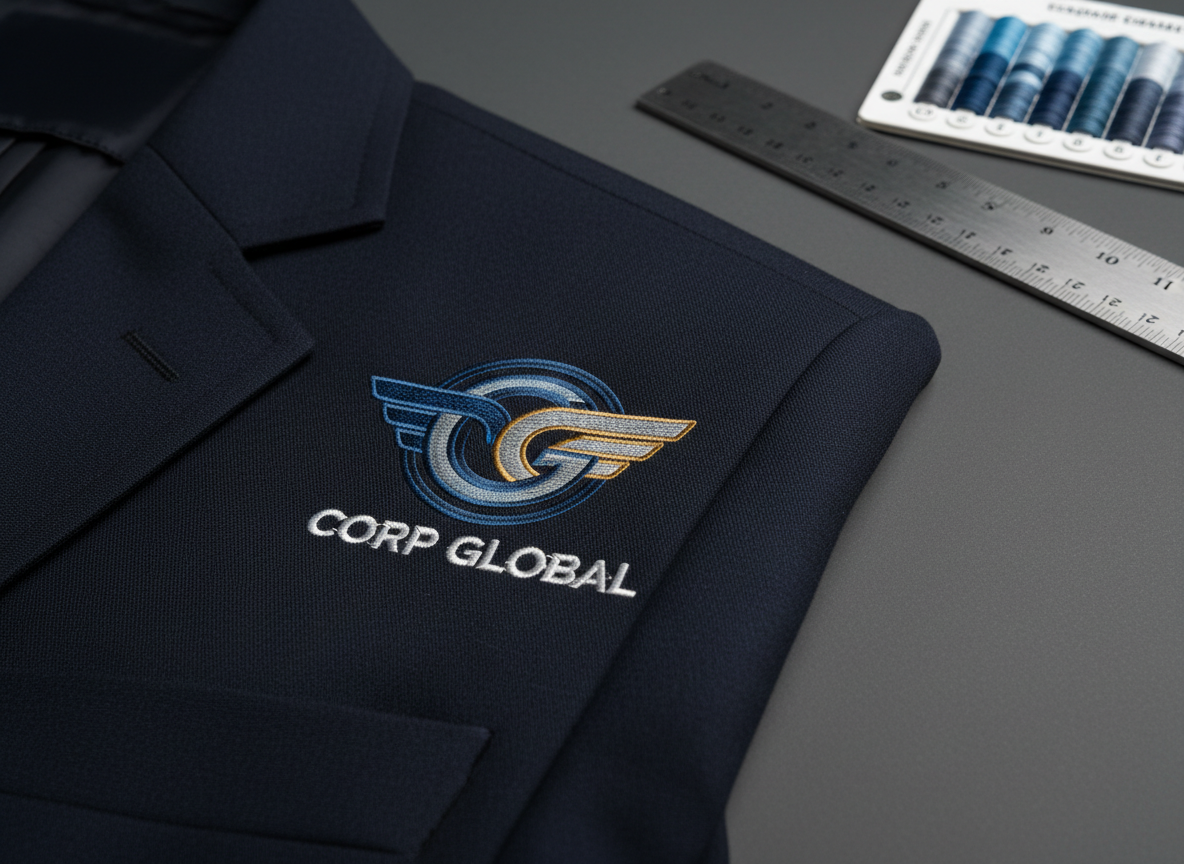 A detailed close-up of a dark navy corporate jacket laid flat on a smooth, charcoal-gray surface, featuring a meticulously embroidered company emblem on the chest. The threads are slightly glossy, with fine gradients that define each shape and letter crisply against the fabric. Nearby, a metal ruler and color thread chart sit partially in frame, hinting at professional customization and precise measurement. Directional, diffused studio lighting from the left creates subtle highlights across the embroidered emblem and gentle, controlled shadows along the jacket folds. Captured from a slightly angled top-down perspective in photographic realism, the composition is clean, centered, and modern, evoking a sense of professionalism, trust, and high-end corporate branding through textile embroidery.