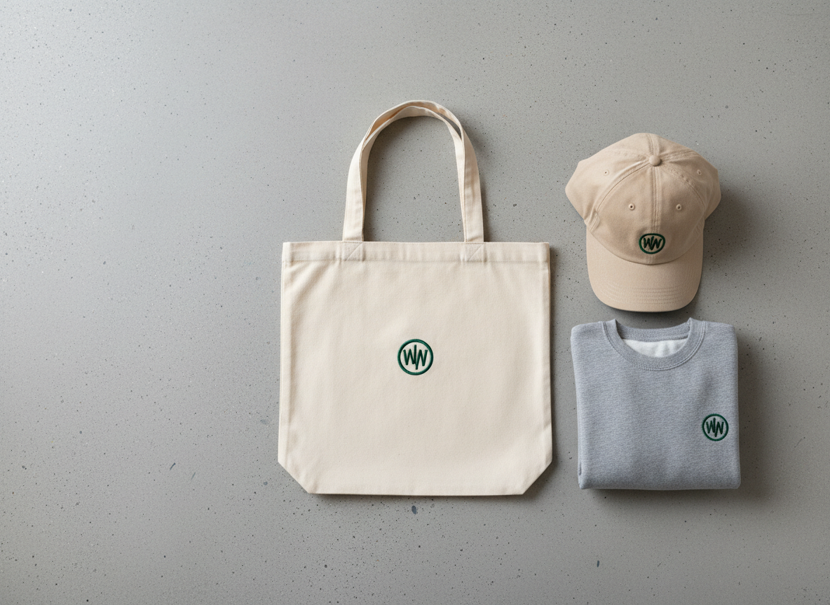 A stylized flat lay composition of customized embroidered items for a small brand: a natural cotton tote bag, a structured cap, and a neatly folded sweatshirt, each featuring a consistent minimalist logo executed in precise satin stitch. The pieces are arranged on a smooth, light concrete surface with a subtle texture, and a color palette of soft neutrals and one accent brand color. Soft, diffused daylight from above ensures minimal shadows and even illumination. The camera captures the scene directly from above, using photographic realism and a minimalist aesthetic, with ample negative space on one side for text overlay. The overall mood is contemporary, clean, and brand-focused, ideal for showcasing coherent visual identity through professional textile embroidery.