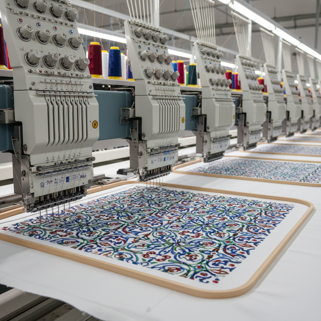 A medium shot of a modern embroidery workspace showing a row of advanced embroidery machines stitching an intricate, multicolored design onto a stretched piece of fabric. The machines’ metallic components and the tensioned threads are in sharp focus in the foreground, while additional machines and neatly arranged thread cones recede into a soft blur. Cool, even overhead workshop lighting reflects softly on the metal surfaces and makes the thread colors appear vivid yet controlled. The composition uses leading lines created by the machines to draw the eye toward the active stitching area, embodying efficiency, precision, and industrial-level quality. Photographic realism and a clean, organized environment convey reliability, professionalism, and the transformation of digital ideas into tangible embroidered pieces.